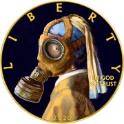 USA QUARANTINED ART - GIRL with a PEARL EARRING - GAS MASK - VERMEER series CORONAVIRUS American Silver Eagle 2020 Walking Liberty $1 Silver coin Gold plated 1 oz